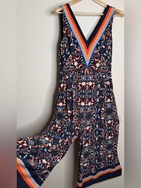 Vince Camuto Navy Paisley Print Wide Leg Cropped Jumpsuit Size 10 Resort Wear